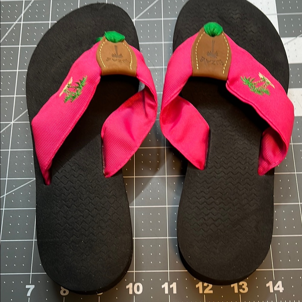 Black and Pink Flip Flops with Embroidered Detail size 7 1/2